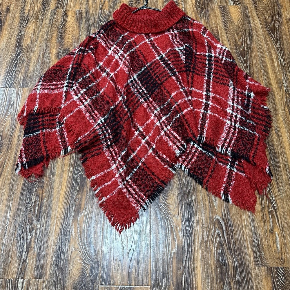 Womens‎ Red Plaid Turtleneck Fringed Knit Cape Wrap OS Poncho Top Shirt Sweater
